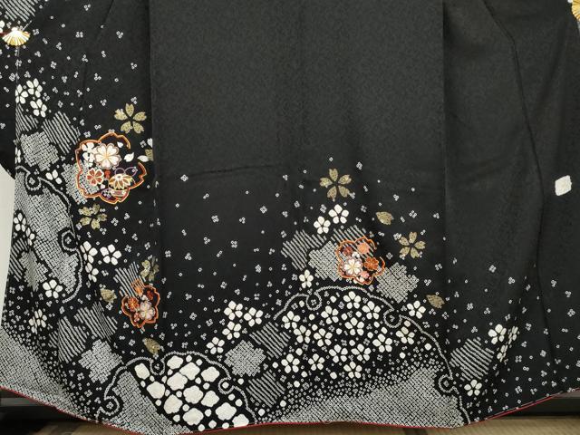 平和屋着物●豪華振袖 絞り 駒刺繍 雪輪舞花文 黒地 金糸 金彩 正絹 逸品 未使用 AABL6446cs
