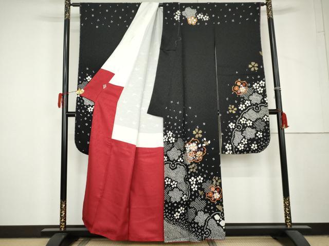 平和屋着物●豪華振袖 絞り 駒刺繍 雪輪舞花文 黒地 金糸 金彩 正絹 逸品 未使用 AABL6446cs
