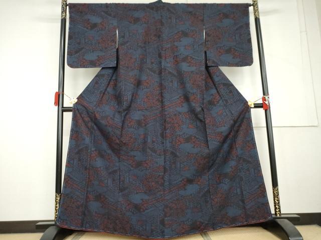 平和屋着物●結城紬 80亀甲 風景文 正絹 逸品 未使用 AABL6487cs