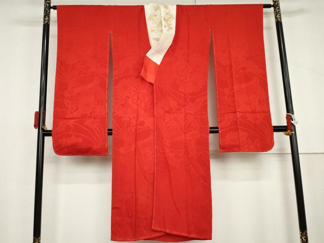 平和屋着物●アンティーク 大正ロマン 長襦袢 袷 飛鶴花地紋 紅赤色 半衿刺繍 広衿仕立て 正絹 逸品 AABL6492cs