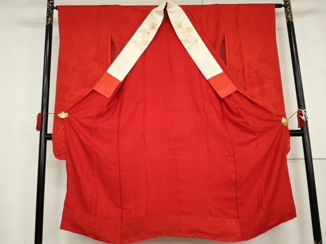 平和屋着物●アンティーク 大正ロマン 長襦袢 袷 飛鶴花地紋 紅赤色 半衿刺繍 広衿仕立て 正絹 逸品 AABL6492cs