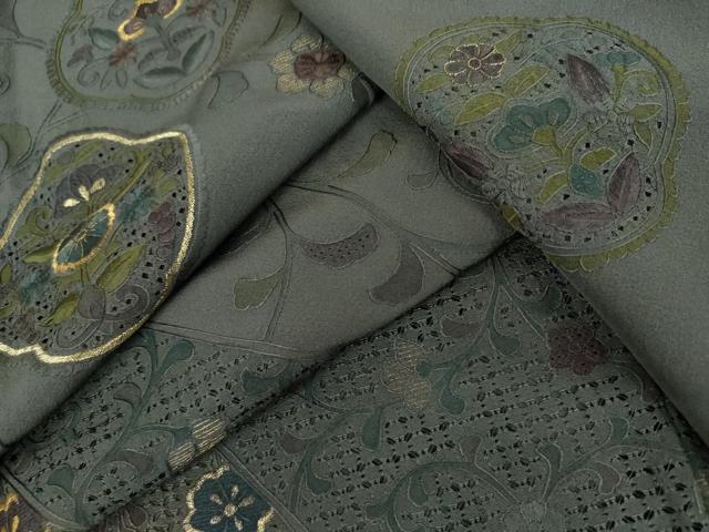 平和屋着物●中国三大刺繍 スワトウ刺繍 汕頭刺繍 総刺繍 訪問着 更紗花唐草文 金糸 ロング丈 正絹 逸品 AABL6512cs
