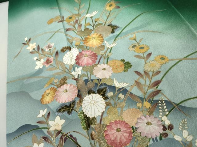 平和屋着物●豪華振袖 刺繍 渡橋風景花文 暈し染め 金糸 金彩 正絹 逸品 AABL6518cs