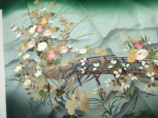 平和屋着物●豪華振袖 刺繍 渡橋風景花文 暈し染め 金糸 金彩 正絹 逸品 AABL6518cs