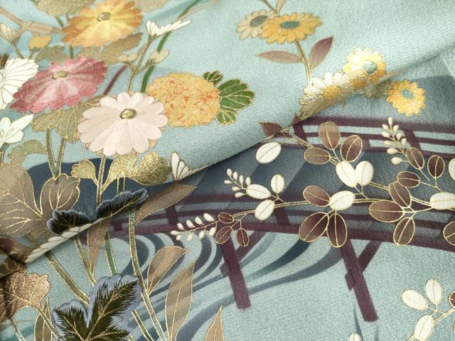 平和屋着物●豪華振袖 刺繍 渡橋風景花文 暈し染め 金糸 金彩 正絹 逸品 AABL6518cs