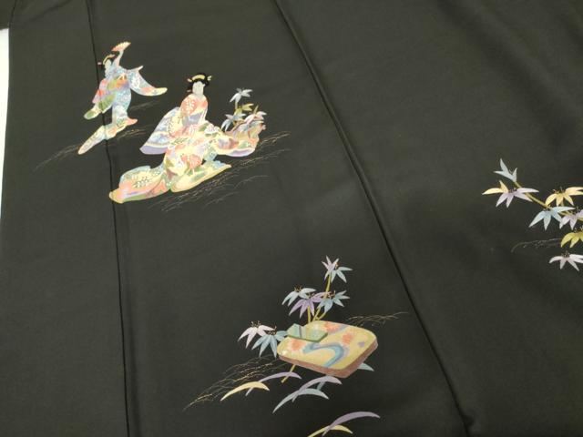 平和屋着物●中国三大刺繍 相良刺繍 総刺繍 訪問着 女人文 黒地 金糸 金彩 正絹 逸品 AABL6520cs