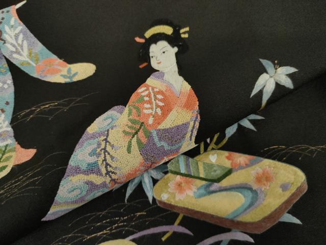 平和屋着物●中国三大刺繍 相良刺繍 総刺繍 訪問着 女人文 黒地 金糸 金彩 正絹 逸品 AABL6520cs