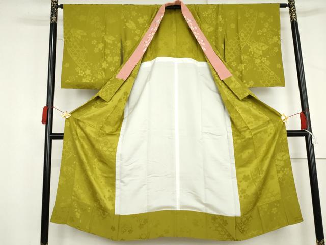 平和屋着物●長襦袢 無双仕立て 花蝶地紋 青丹色 半衿刺繍 やまと誂製 正絹 逸品 AABL6522cs