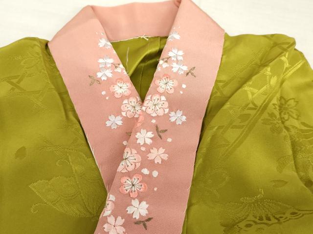平和屋着物●長襦袢 無双仕立て 花蝶地紋 青丹色 半衿刺繍 やまと誂製 正絹 逸品 AABL6522cs