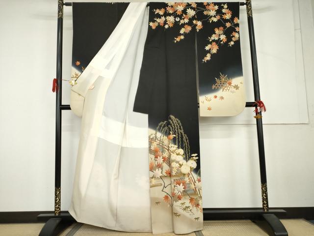 平和屋着物●現代アンティーク 貝島はるみ 綺麗伝説 振袖 渡り橋風景文 暈し染め 黒地 正絹 逸品 AABL6533cs