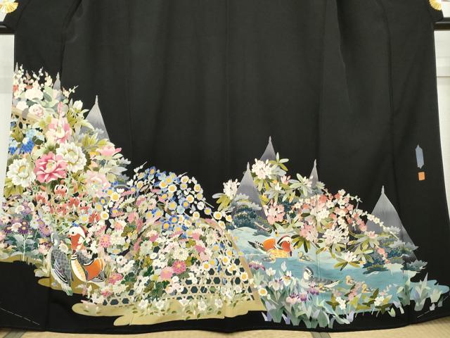 平和屋着物●本加賀友禅作家 谷崎善治 黒留袖 鴛鴦花文 浜ちりめん 反端付き 正絹 逸品 AABL6537cs