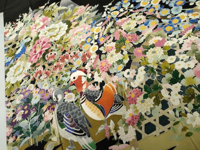 平和屋着物●本加賀友禅作家 谷崎善治 黒留袖 鴛鴦花文 浜ちりめん 反端付き 正絹 逸品 AABL6537cs