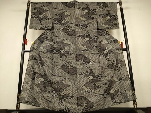 平和屋着物*夏物 小紋 絽 風景文 黒地 正絹 逸品 AABL6564jd