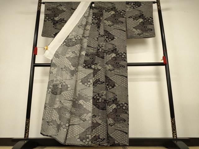 平和屋着物*夏物 小紋 絽 風景文 黒地 正絹 逸品 AABL6564jd