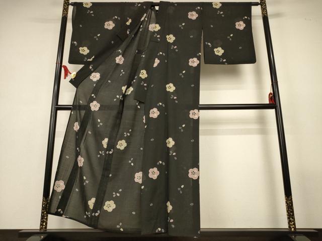 平和屋着物*夏物 小紋 紗 舞桜文 黒地 洗える着物 AABL6697jd