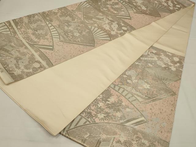 平和屋着物◎西陣 服部織物謹製 六通柄袋帯 こはく錦 扇面風景花文 二十箔錦 銀糸 正絹 逸品 AABL6726ou