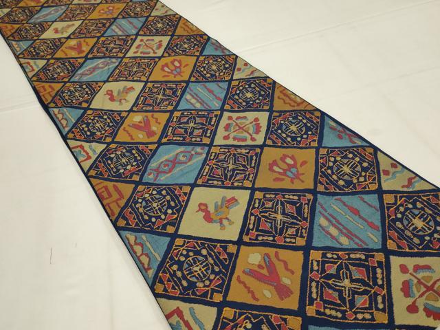 平和屋着物◎六通柄袋帯 格子花鳥文 正絹 逸品 AABL6741ou