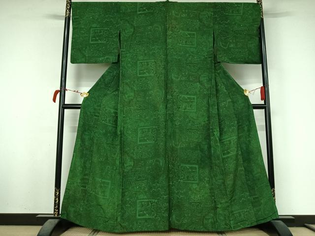 平和屋着物▽上質な小紋 単衣 手描き 風景更紗花鳥文 正絹 逸品 AABL6770jh
