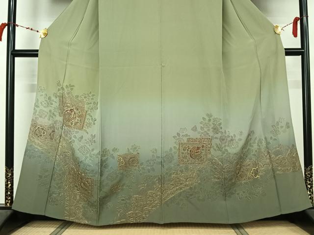 平和屋着物▽訪問着 単衣 中国三大刺繍 スワトウ刺繍 汕頭刺繍 総刺繍 花鳥文 暈し染め 金糸 正絹 逸品 AABL6773jh
