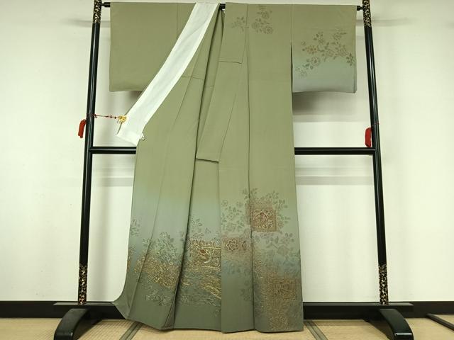 平和屋着物▽訪問着 単衣 中国三大刺繍 スワトウ刺繍 汕頭刺繍 総刺繍 花鳥文 暈し染め 金糸 正絹 逸品 AABL6773jh