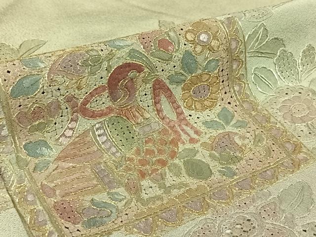 平和屋着物▽訪問着 単衣 中国三大刺繍 スワトウ刺繍 汕頭刺繍 総刺繍 花鳥文 暈し染め 金糸 正絹 逸品 AABL6773jh