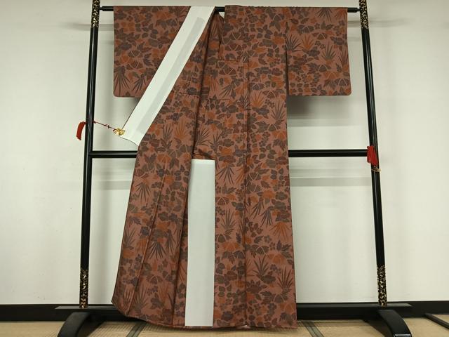 平和屋着物▽上質な小紋 単衣 紬地 草花文 正絹 逸品 AABL6777jh