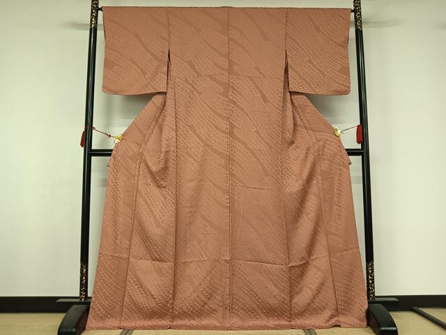平和屋着物▽上質な色無地 単衣 ふくれ織 草葉地紋 水柿色 ロング丈 正絹 逸品 AABL6780jh