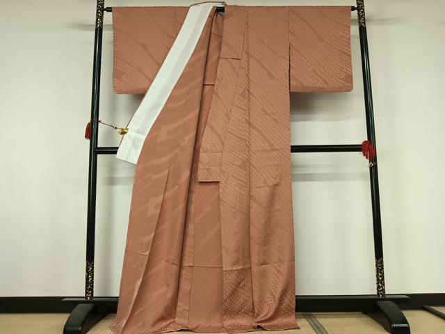 平和屋着物▽上質な色無地 単衣 ふくれ織 草葉地紋 水柿色 ロング丈 正絹 逸品 AABL6780jh
