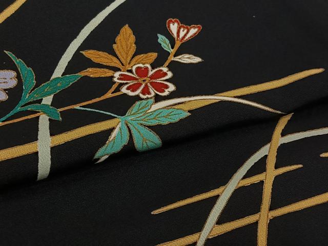 平和屋着物▽訪問着 単衣 草花文 黒地 金彩 正絹 逸品 AABL6781jh