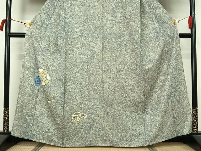 平和屋着物▽訪問着 単衣 手描き 絵皿花文 墨流し文様 正絹 逸品 AABL6788jh