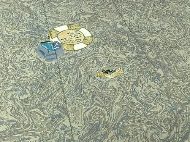 平和屋着物▽訪問着 単衣 手描き 絵皿花文 墨流し文様 正絹 逸品 AABL6788jh