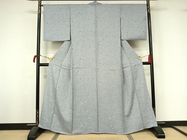 平和屋着物▽お召 単衣 作家物 草花地紋 淡藤色 正絹 逸品 AABL6789jh