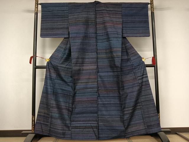 平和屋着物▽上質な紬 単衣 横段文 正絹 逸品 未使用 AABL6819jh