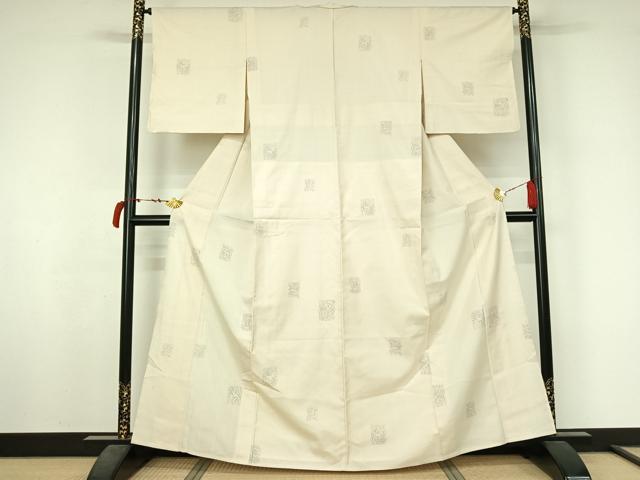 平和屋着物▽上質な小紋 単衣 紬地 色紙文 正絹 逸品 AABL6822jh
