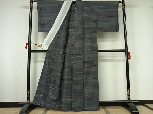 平和屋着物▽上質な紬 単衣 100亀甲 横段文 正絹 逸品 AABL6837jh