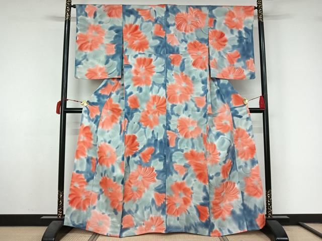 平和屋着物▽上質な小紋 単衣 ろうけつ染め 草花文 暈し染め 正絹 逸品 AABL6847jh