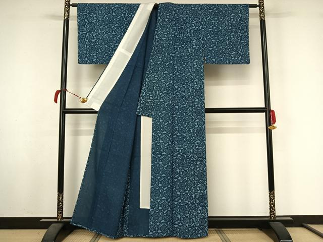 平和屋着物▽上質な小紋 単衣 本藍 型染め 花唐草文 正絹 逸品 AABL6863jh