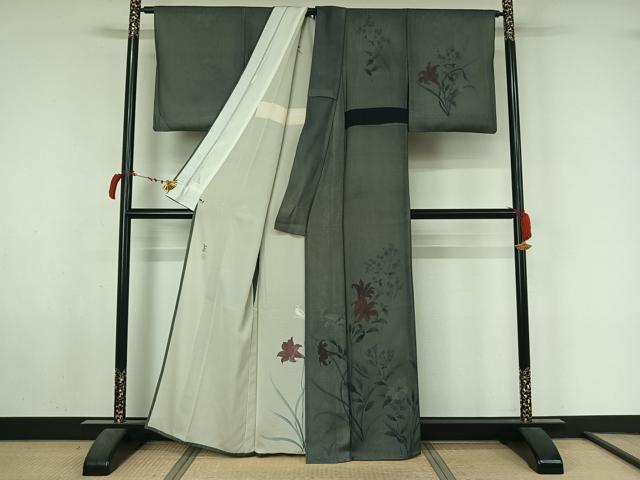 平和屋着物▽山口芳雄 訪問着 無双 紗袷 紗×絽 手描き 草花文 さが美扱い 正絹 逸品 AABL6866jh