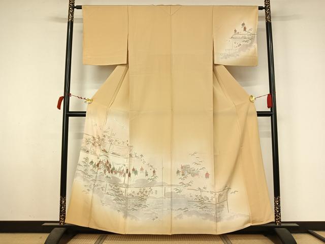 平和屋着物▽訪問着 単衣 中国三大刺繍 スワトウ刺繍 汕頭刺繍 総刺繍 人物風景花文 暈し染め 金糸 正絹 逸品 AABL6906jh