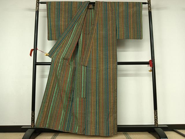 平和屋着物▽上質な紬 単衣 縞 正絹 逸品 AABL6910jh