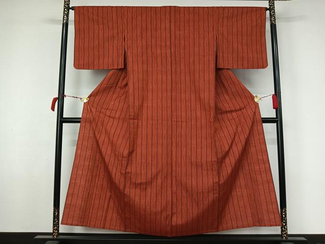 平和屋着物▽上質な紬 単衣 縞 正絹 逸品 AABL6917jh