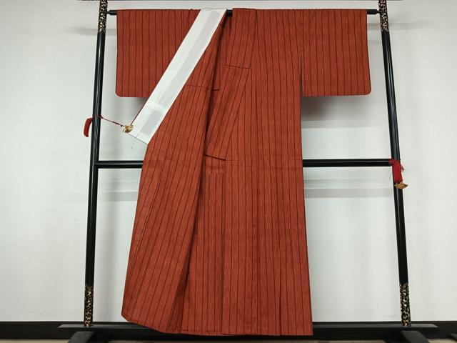 平和屋着物▽上質な紬 単衣 縞 正絹 逸品 AABL6917jh