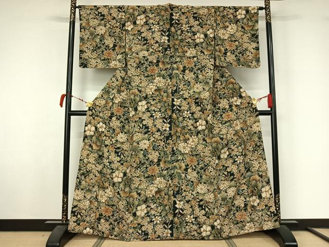 平和屋着物▽上質な小紋 単衣 手描き 草花文 正絹 逸品 AABL6949jh