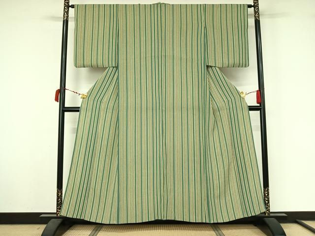 平和屋着物▽上質な小紋 単衣 縞 鬼しぼ縮緬 正絹 逸品 AABL6951jh