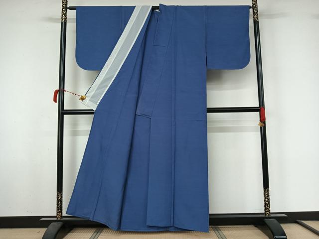 平和屋着物▽上質な紬 単衣 色無地 青藤色 正絹 逸品 AABL6952jh