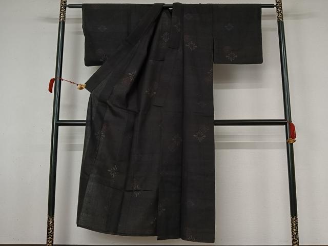 平和屋着物▽上質な紬 単衣 花菱文 黒地 正絹 逸品 AABL6954jh