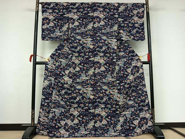 平和屋着物▽上質な小紋 単衣 型染め 風景花文 正絹 逸品 AABL6959jh
