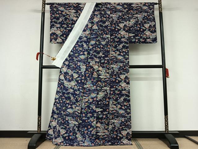 平和屋着物▽上質な小紋 単衣 型染め 風景花文 正絹 逸品 AABL6959jh