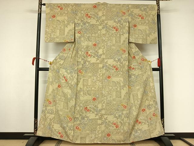 平和屋着物▽上質な小紋 単衣 更紗花文 正絹 逸品 AABL6960jh