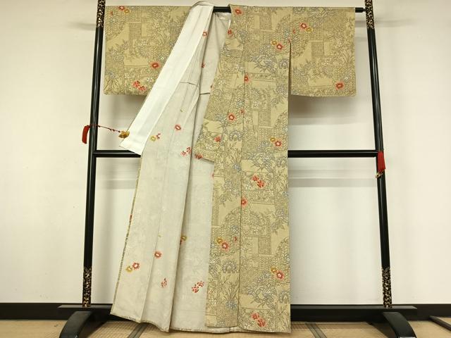 平和屋着物▽上質な小紋 単衣 更紗花文 正絹 逸品 AABL6960jh